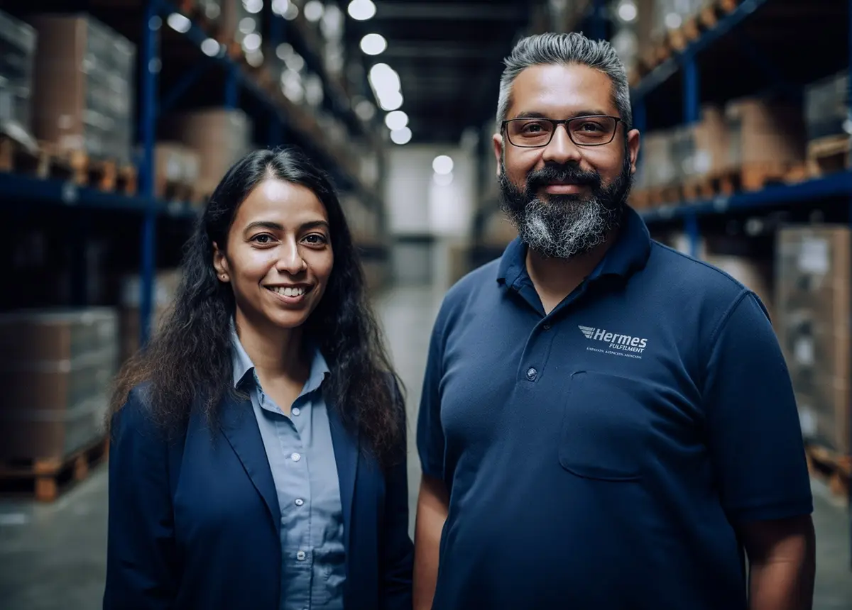 Zwei freundliche Mitarbeitende, ein Mann mit Bart und Brille und eine Frau, stehen in einem Lagerhaus. Ihr Lächeln und die professionelle Umgebung spiegeln die Werte von Hermes Fulfilment wider und unterstreichen unsere Vision von partnerschaftlicher Zusammenarbeit und herausragenden Leistungen.